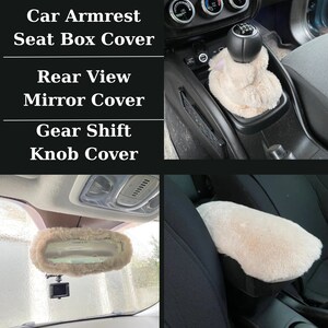 Beige Fuzzy Car Accessories, Gear Shift Knob Cover, Rear View Mirror Cover, Car Armrest Seat Box Cover, Accessories Set 3 Pieces