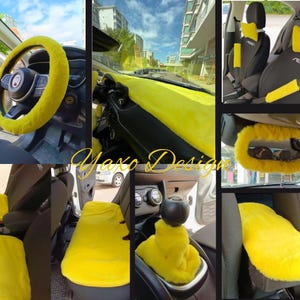 May include: A collage of car interior accessories in bright yellow. Includes a steering wheel cover, seat covers, headrest pillows, a gear shift cover, and a rearview mirror cover. The accessories are made of a soft, plush material.