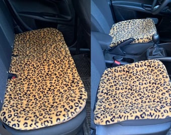 Leopard 3 Piece Reversible Faux Fur Car Seat Cover Set, Plush Furry Car Accessories for Women, Cozy Interior Decor, Winter Car Gift