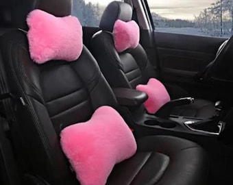 Rosa flauschiges Autositzkissen | Kunstpelz Kopfstütze & Lendenwirbelkissen | Niedliches Autoinnenzubehör | Weicher Plüsch Auto Decor