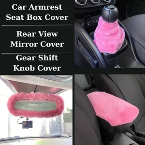 Pink Fuzzy Car Accessories, Gear Shift Knob Cover, Rear View Mirror Cover, Car Armrest Seat Box Cover, Accessories Set 3 Pieces
