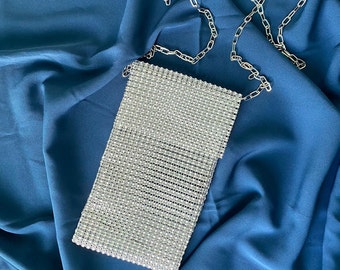 Handmade Rhinestone Shoulder Bag, Sparkly Swarovski Phone Purse, Crystal Crossbody Evening Bag Gift for Women