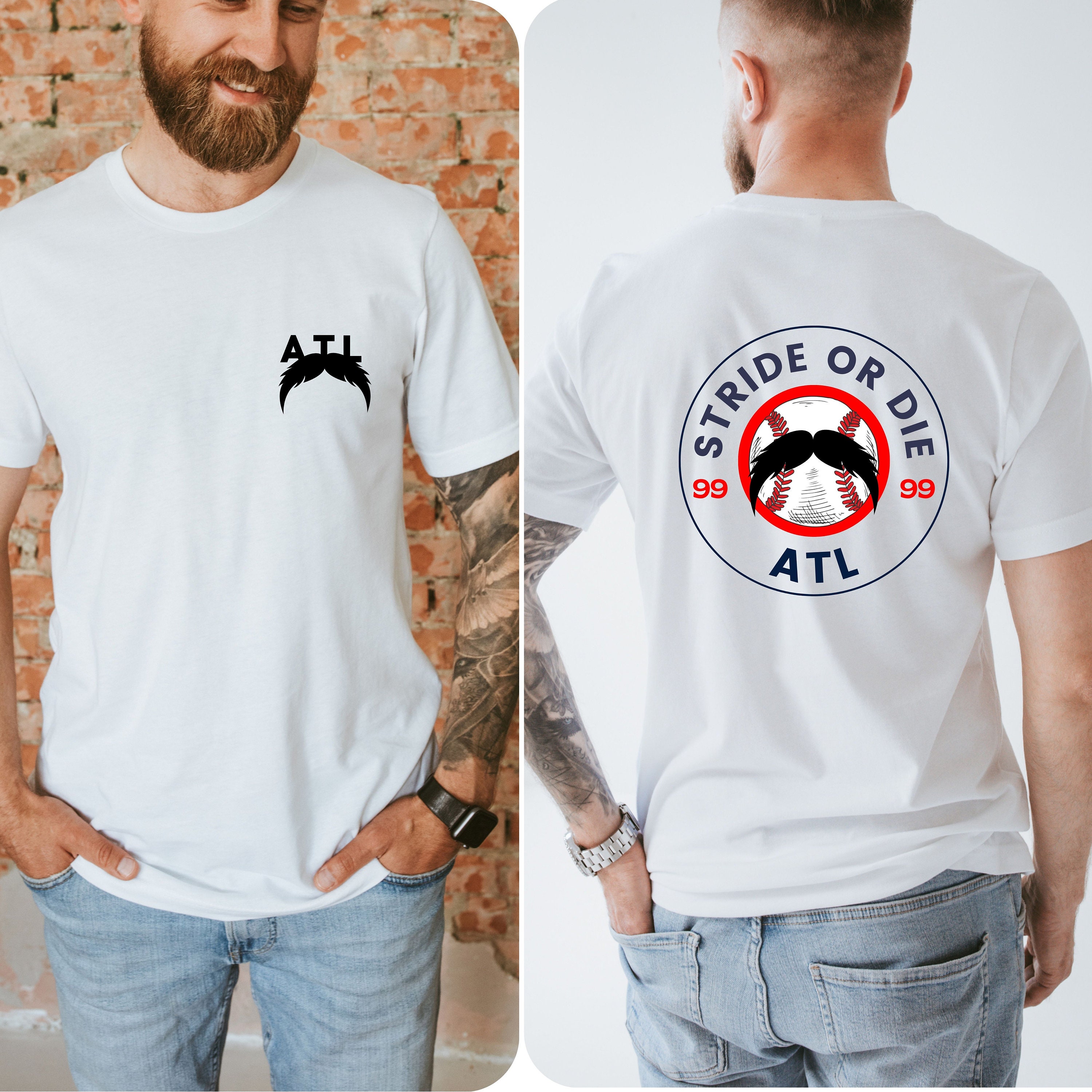 NicholsDimesStore Spencer Strider Stride or Die #99 Mustache Atlanta Braves Baseball T-Shirt Front and Back Print