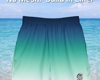 Bañador tipo short azul verdoso degradado con forro para hombre, shorts de playa de secado rápido, traje de baño degradado, bañador ligero de verano, shorts de piscina
