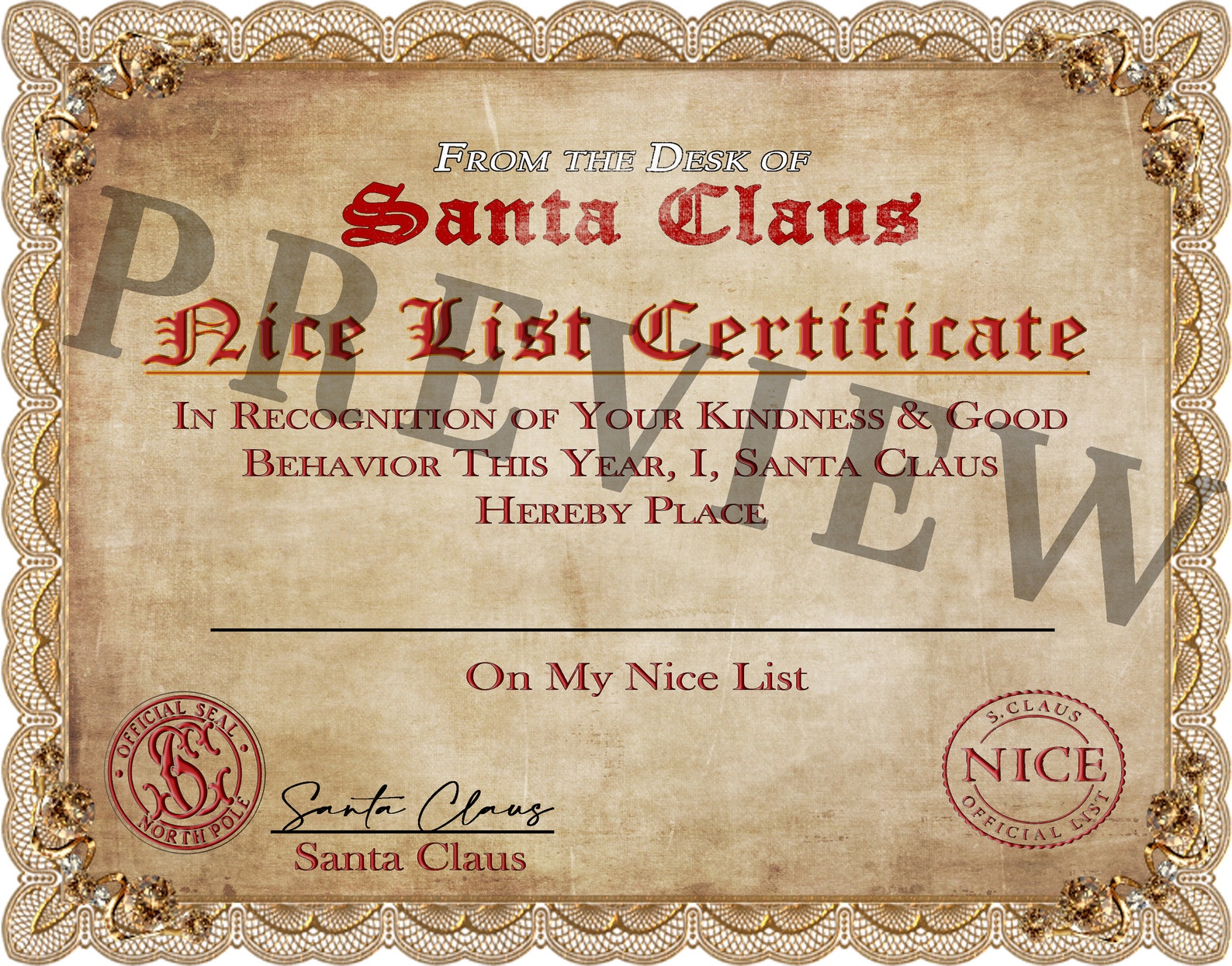 Printable Nice List Certificate From Santa Claus / Digital Download / Letter From Santa/ Santa ...