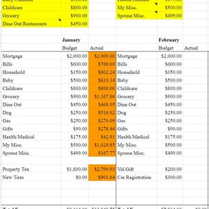 May include: A spreadsheet with a monthly budget for January and February. The spreadsheet lists various expenses, such as mortgage, bills, household, baby, childcare, grocery, dine out, dog, gas, gifts, health/medical, my misc., spouse misc., property tax, new tires, val gift, and car registration. The spreadsheet shows the budgeted amount and the actual amount spent for each expense.
