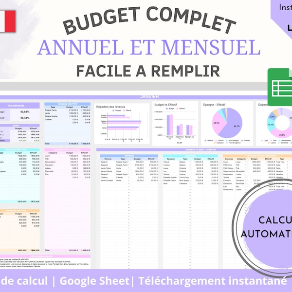 Planner Budget Annuel & Mensuel Français - Pastels - Google Sheet - Digital - Budget Zéro - Enveloppes - Factures,Épargnes, Dettes, Revenus