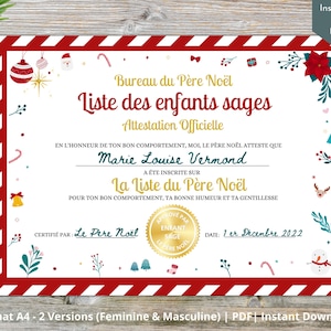 Diploma de Papá Noel en Francés - Diploma de Certificado de Niño Sabio para Niño Bueno, Niña, Niño, Imprimible