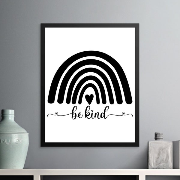 Be Kind Rainbow Wall Art, Inspirational Quote Poster, Black and White Home Decor, Office Canvas Print, Motivational Artwork for Room