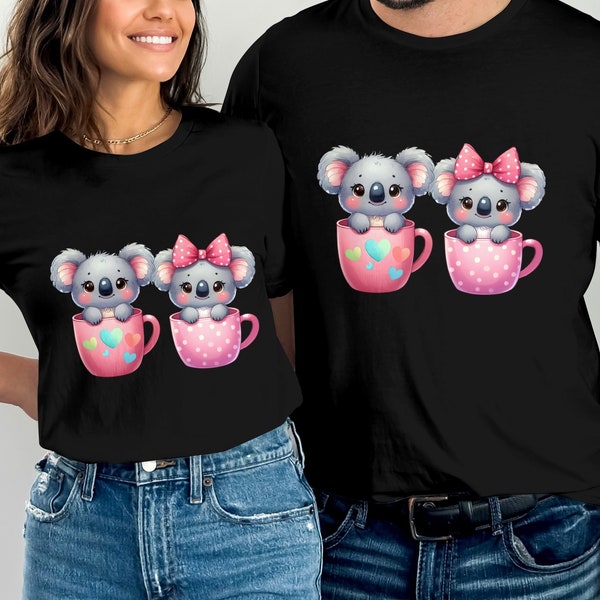 Adorabile maglietta Koala, simpatico koala in una maglietta grafica con tazza, camicia unisex per animali dei cartoni animati, regalo casual per gli amanti dei koala