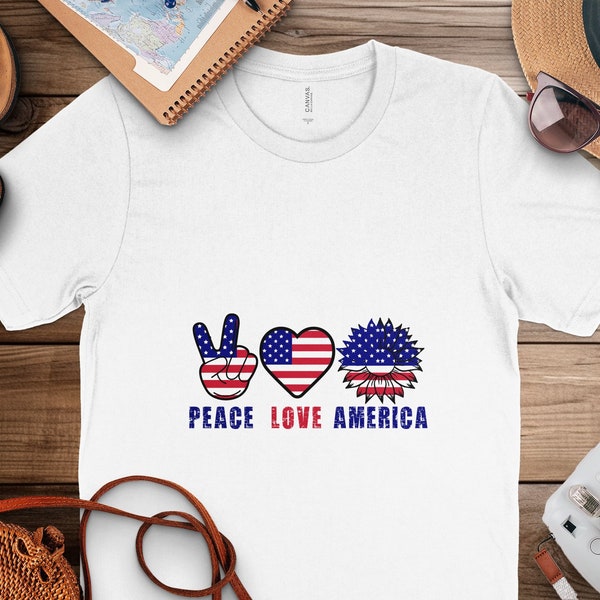 Patriotic Peace Love America T-Shirt, 4th July USA Flag Apparel, Unisex American Pride Tee