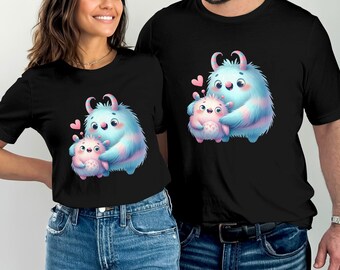 Cute Monster Family Love T-Shirt, Adorable Creature with Heart, Unique Whimsical Design Tee, Soft Cotton Shirt for All Ages