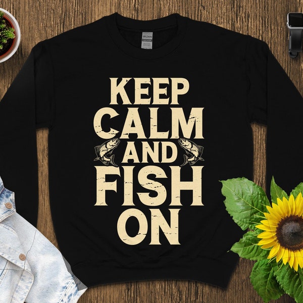 Funny Fishing T-Shirt Keep Calm and Fish On - Unique Fisher Tee for Men and Women