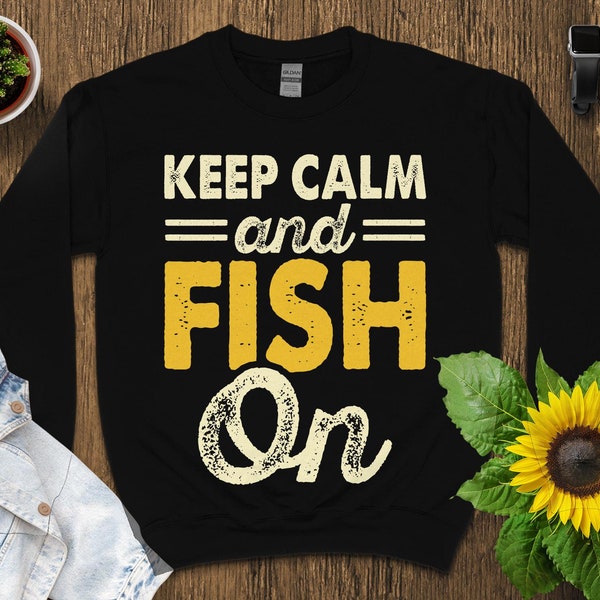 Keep Calm and Fish On T-Shirt, Funny Fishing Lover Gift, Unisex Casual Tee