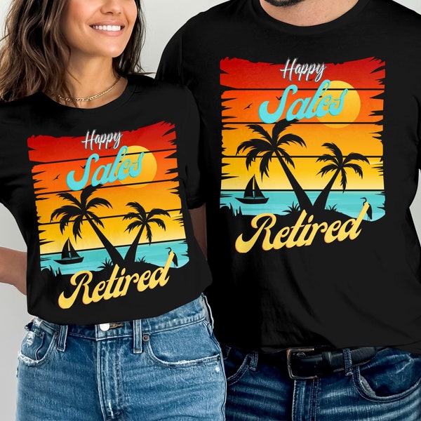 Tropical Beach Sunset T-Shirt, Happy Sales Retired Palm Tree Graphic Tee, Unisex Retirement Gift Idea