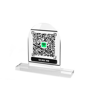 May include: A clear acrylic arch-shaped sign featuring a black and white QR code with a green Wi-Fi icon in the center. Below the QR code, a black horizontal bar contains the white text SCAN ME. The sign is supported by a clear acrylic base.