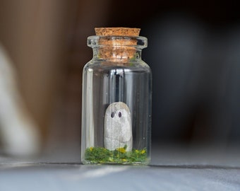 May include: A small glass bottle with a cork stopper contains a white painted rock with eyes. The rock is surrounded by green moss and yellow flowers.