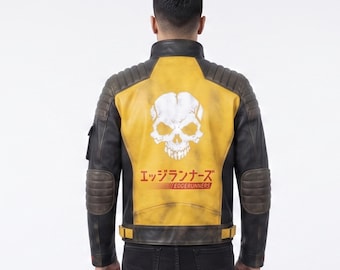 Futuristic Yellow Leather Biker Jacket | Anime Inspired Leather Jacket | Techwear Motorcycle Coat | Handmade Cosplay Costume | Halloween