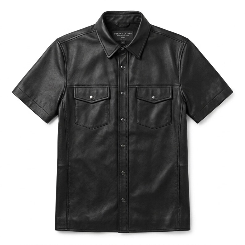 Puede incluir: Camisa negra de cuero de manga corta con cuello y dos bolsillos en el pecho. La camisa tiene una botonadura frontal. La etiqueta "URBAN LEATHER" es visible en el cuello.