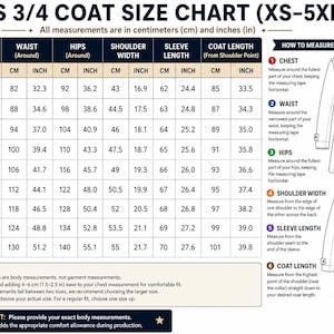 May include: A 3/4 coat size chart ranging from XS to 5XL, displaying chest, waist, hips, shoulder width, sleeve length, and coat length in centimeters and inches. Includes a diagram illustrating how to measure these specific body areas.