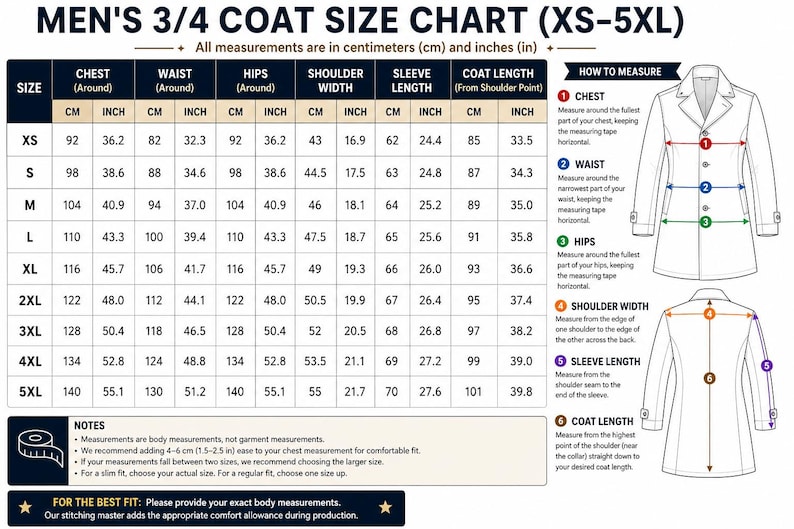 May include: A 3/4 coat size chart ranging from XS to 5XL, displaying chest, waist, hips, shoulder width, sleeve length, and coat length in centimeters and inches. Includes a diagram illustrating how to measure these specific body areas.