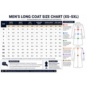 May include: A size chart for a long coat with sizes ranging from XS to 5XL. The table displays measurements in centimeters and inches for chest, waist, hips, shoulder width, sleeve length, and coat length, alongside a diagram showing how to measure.