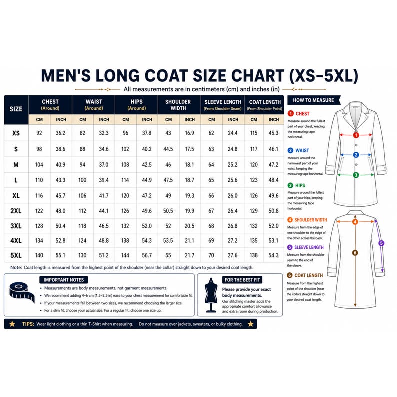 May include: A size chart for a long coat with sizes ranging from XS to 5XL. The table displays measurements in centimeters and inches for chest, waist, hips, shoulder width, sleeve length, and coat length, alongside a diagram showing how to measure.