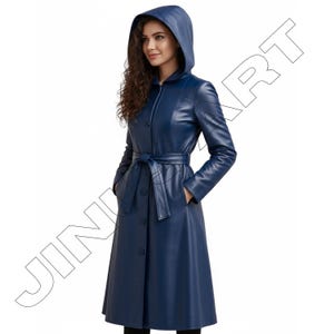 Blue Leather Trench Coat: Handmade Hooded Overcoat