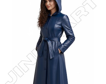 Blue Leather Trench Coat: Handmade Hooded Overcoat