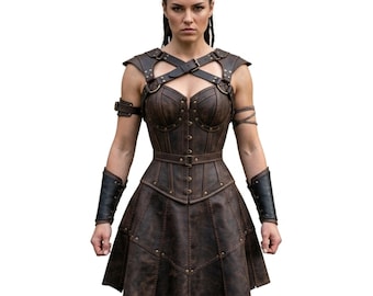 May include: A dark brown leather-look corset dress featuring a structured bodice with metal studs, a belted waist, and a flared skirt. The garment includes shoulder straps with buckles, arm cuffs, and visible stitching details throughout the design.