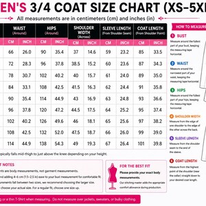 May include: A size chart for a 3/4 coat ranging from XS to 5XL, displaying measurements in centimeters and inches for bust, waist, hips, shoulder width, sleeve length, and coat length, alongside a diagram illustrating how to measure.