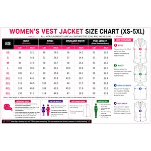 Puede incluir: Una tabla de tallas para chalecos con medidas de XS a 5XL, que detalla el busto, la cintura, el ancho de hombros y el largo en cent&iacute;metros y pulgadas. Incluye diagramas que ilustran c&oacute;mo medir para obtener un ajuste adecuado.