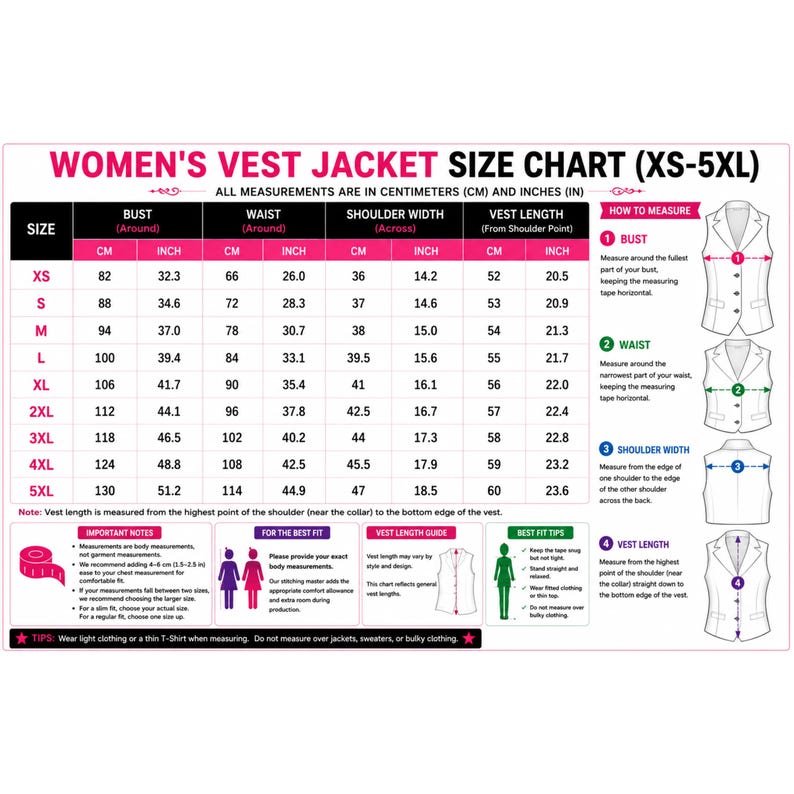 Puede incluir: Una tabla de tallas para chalecos con medidas de XS a 5XL, que detalla el busto, la cintura, el ancho de hombros y el largo en cent&iacute;metros y pulgadas. Incluye diagramas que ilustran c&oacute;mo medir para obtener un ajuste adecuado.