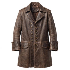 May include: A dark brown leather coat featuring a double-breasted front with two columns of brass-toned buttons, a wide notched collar, shoulder epaulets, and long sleeves with buttoned cuffs. The leather has a distressed, weathered texture.