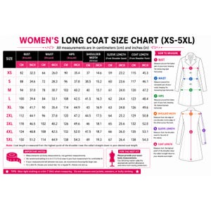 May include: A size chart for a long coat with sizes ranging from XS to 5XL. The chart includes columns for bust, waist, hips, shoulder width, sleeve length, and coat length in both centimeters and inches, alongside a diagram showing how to measure.
