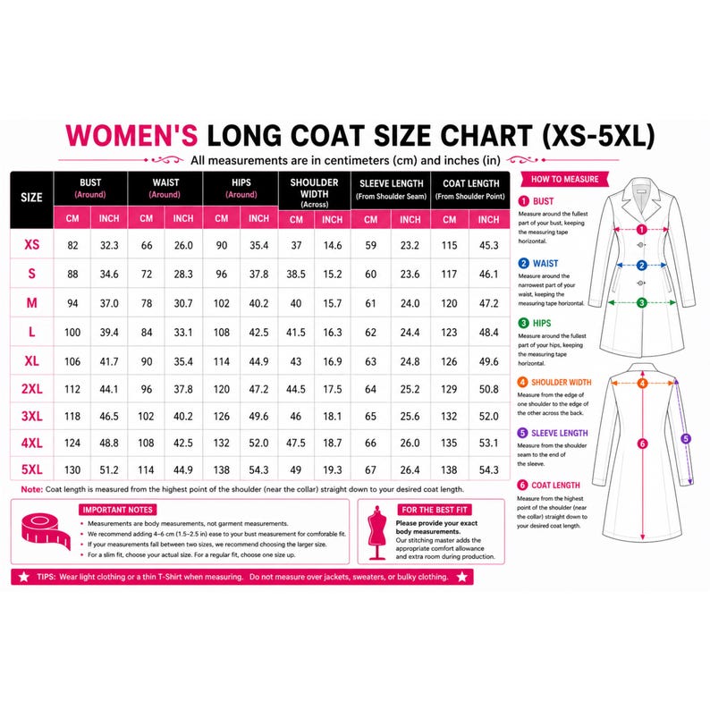 May include: A size chart for a long coat with sizes ranging from XS to 5XL. The chart includes columns for bust, waist, hips, shoulder width, sleeve length, and coat length in both centimeters and inches, alongside a diagram showing how to measure.