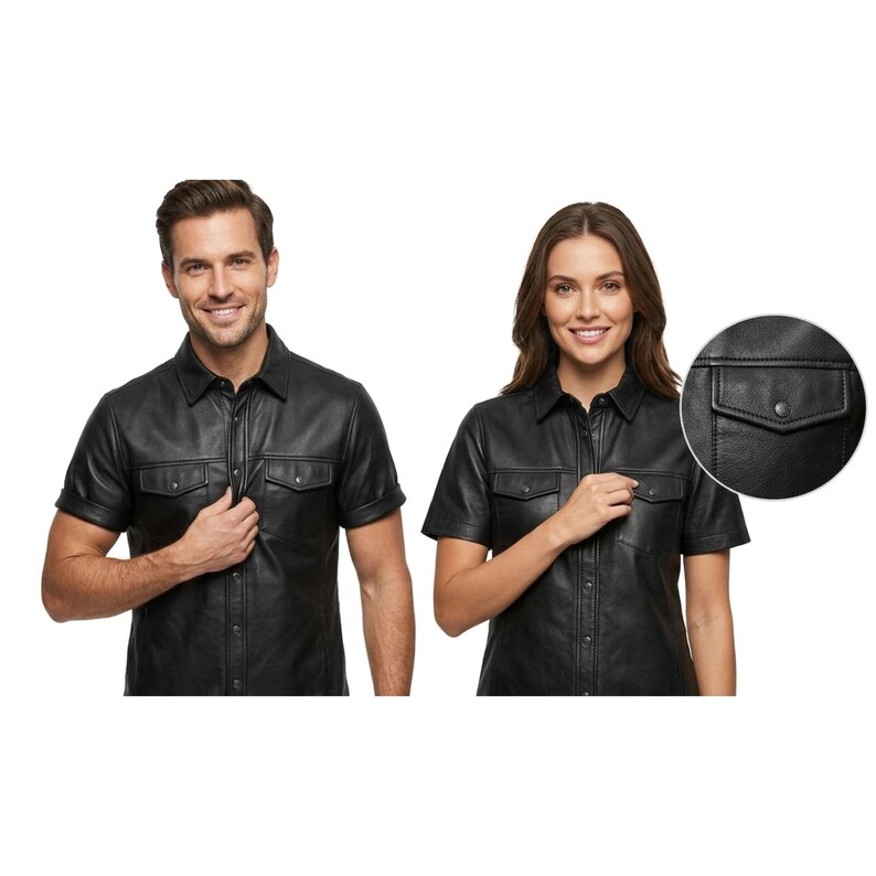 Puede incluir: Camisa negra de cuero de manga corta con dos bolsillos en el pecho y cierre de botones. La camisa tiene un cuello cl&aacute;sico. La camisa est&aacute; hecha de un material liso y brillante.