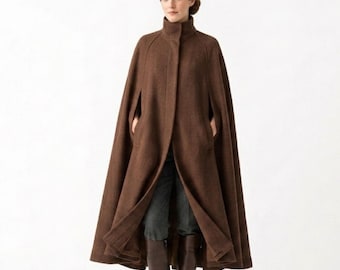 Abrigo largo marrón para mujer / Chaqueta tipo capa victoriana de lana gótica / Maxi de lujo con cuello alto estilo steampunk / Prenda de abrigo de estilo vintage