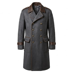 May include: A charcoal gray double-breasted coat featuring a brown leather collar, brown leather trim along the lapels, cuffs, and pocket flaps, and metallic buttons. The coat has two large front pockets and shoulder epaulets with button details.
