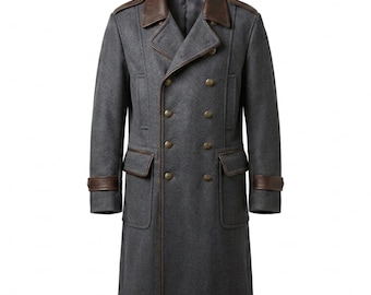 Gray French Military Wool & Leather Long Coat | Officer Double Breasted Overcoat | Gothic Military Trench Coat