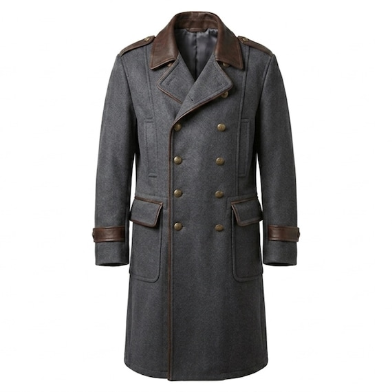 Gray French Military Wool & Leather Long Coat | Officer Double Breasted Overcoat | Gothic Military Trench Coat