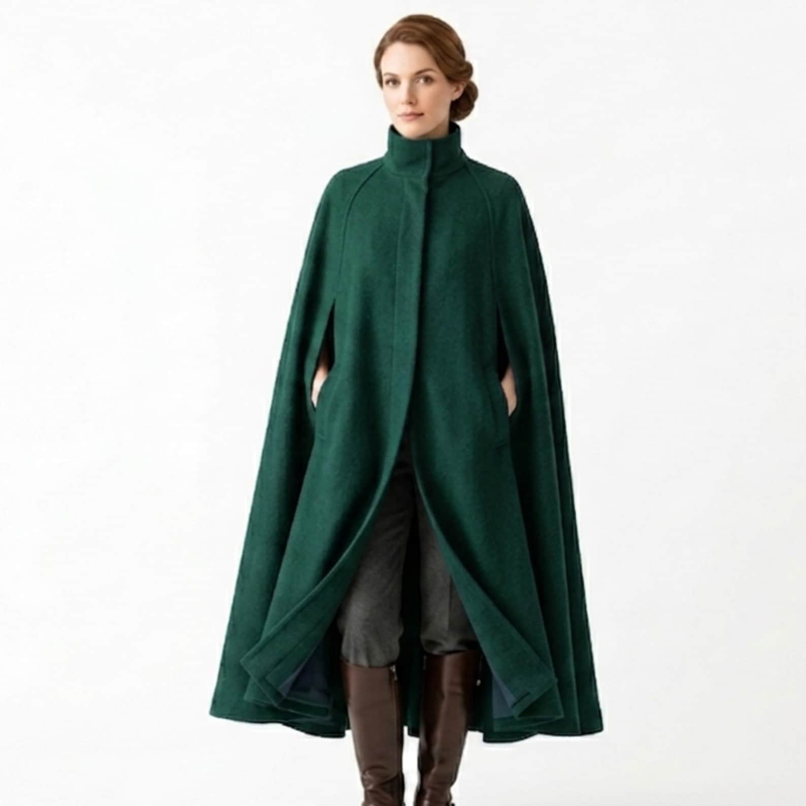 Emerald Green Long Cape Coat | Gothic Wool Victorian Cloak Jacket | Luxury High Neck steampunk Maxi | Vintage Style Outerwear