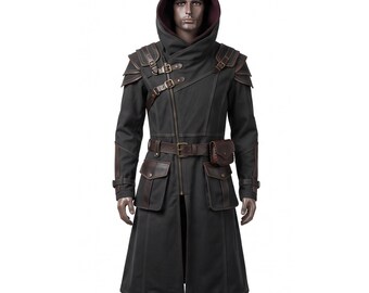 Dark Fantasy Gothic Halloween Costume, Hooded Warrior Coat, Medieval Assassin Jacket, Leather Harness Cosplay, Unisex Fantasy Costume