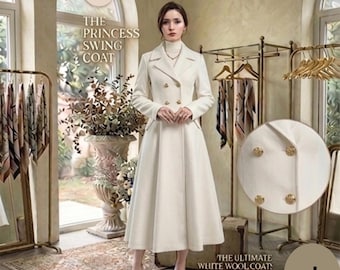 White Long Wool Coat | Double Breasted Princess Coat | Winter Wedding Wool Coat | Swing Dress Coat | Warm Elegant Outerwear