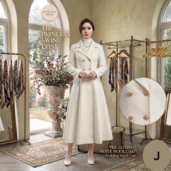 White Long Wool Coat | Double Breasted Princess Coat | Winter Wedding Wool Coat | Swing Dress Coat | Warm Elegant Outerwear