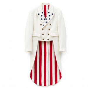 May include: White tailcoat with a double-breasted front and gold buttons. The lapels are decorated with blue stars, and the tails feature red and white stripes. A patriotic themed garment.