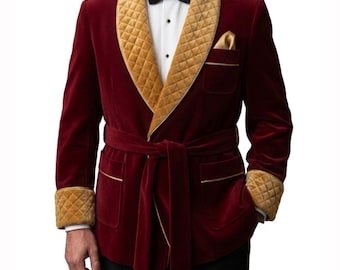 Burgundy Velvet Robe for Men | Quilted Lapel Dressing Gown | Luxury Velvet House Coat | Elegant Smoking Robe | Winter Loungewear