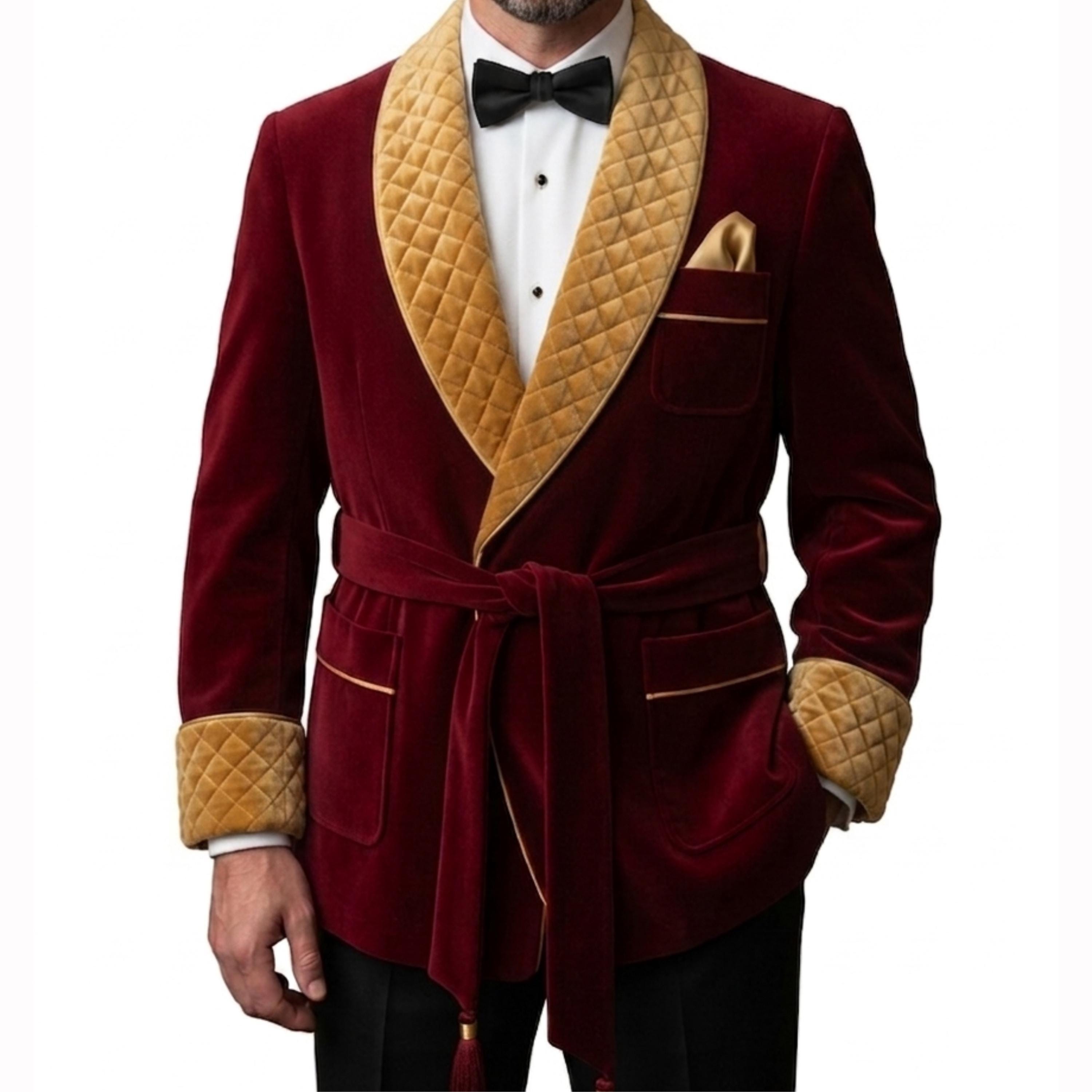Burgundy Velvet Robe for Men | Quilted Lapel Dressing Gown | Luxury ...