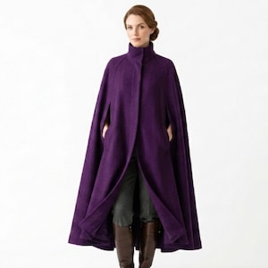 Women’s Purple Long Cape Coat | Gothic Wool Victorian Cloak Jacket | Luxury High Neck steampunk Maxi | Vintage Style Outerwear