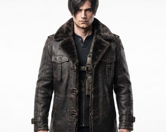 Horror Game Inspired Jackets with Faux Fur Collar | Brown Military Style Leather Jacket | Handmade Adventure Coat | Halloween Cosplay